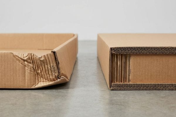 Brown corrugated cardboard boxes, one with crushed flutes, contrasting with a robust double-wall structure.