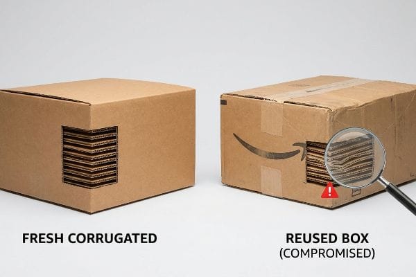 Comparaison entre une boîte en carton ondulé neuve avec des cannelures intactes et une boîte Amazon réutilisée (endommagée) présentant des cannelures abîmées.