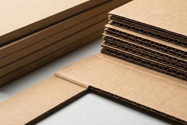 Stapel brauner Wellpappe zeigen die gewellte Innenschicht und die flachen äußeren Kraftfaserschichten und veranschaulichen so die Struktur des Verpackungsmaterials.