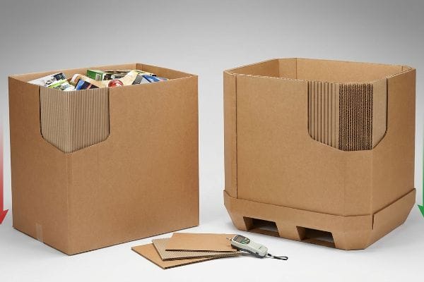 Visible corrugated flutes inside two brown bulk merchandisers, one filled and one empty with a reinforced base, alongside a Mullen Tester, illustrate structural stability.
