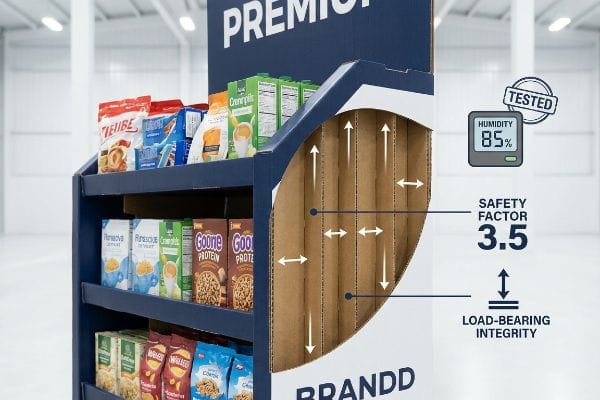 Corrugated cardboard end cap display with cutaway showing internal flutes, highlighting 'Humidity 85%', 'Safety Factor 3.5', and 'Load-Bearing Integrity' for Brandd products.