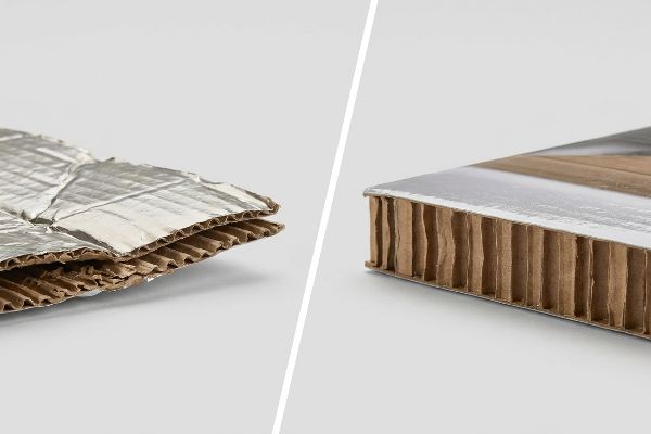 Silver-laminated corrugated board, one severely crushed with compressed fluting, the other intact and robust.