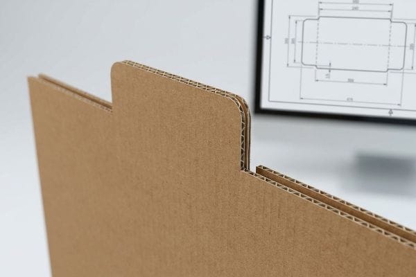 Visible fluting layers of brown corrugated cardboard with an interlocking tab, set against a blurred CAD dieline blueprint.