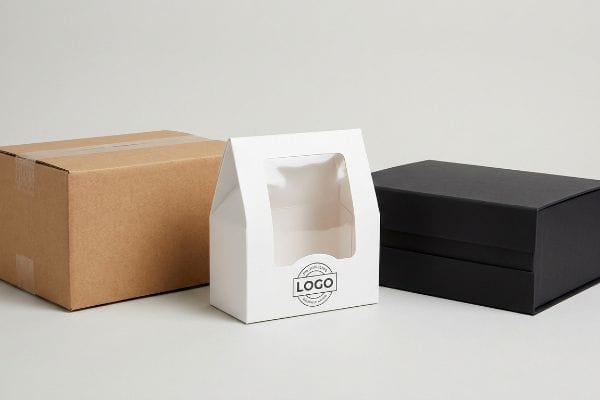 A collection of paper box packaging options, including a brown corrugated carton, a white folding paperboard carton with a window, and a black rigid setup box.