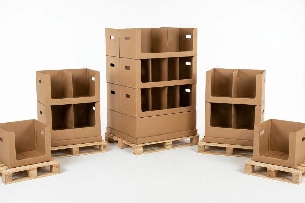 Brown corrugated cardboard display units on wooden pallets, showcasing various fractional footprints for retail merchandising.