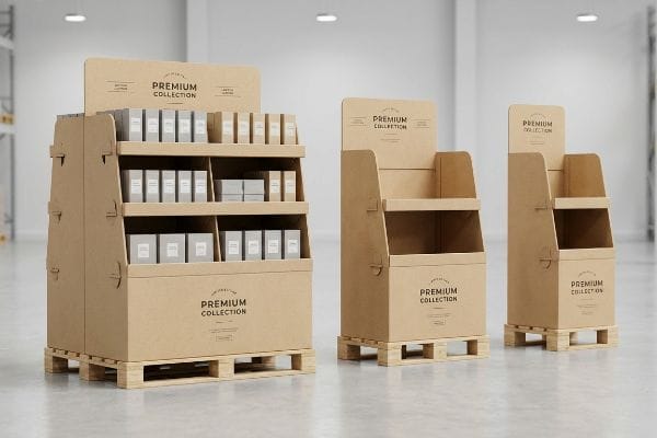 Natural brown corrugated cardboard fractional pallet displays, one stocked with