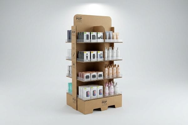 A freestanding corrugated board Point of Purchase display stand, branded 