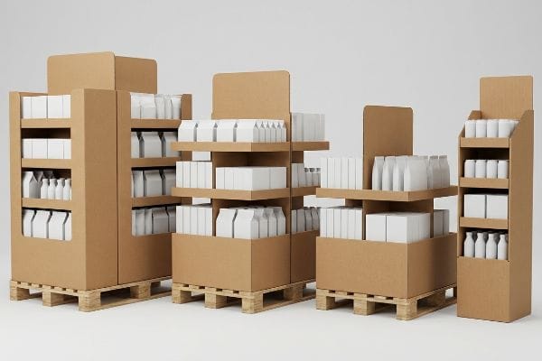Brown corrugated cardboard FSDUs, including full, half, quarter pallet, and sidekick displays, filled with white product packaging.