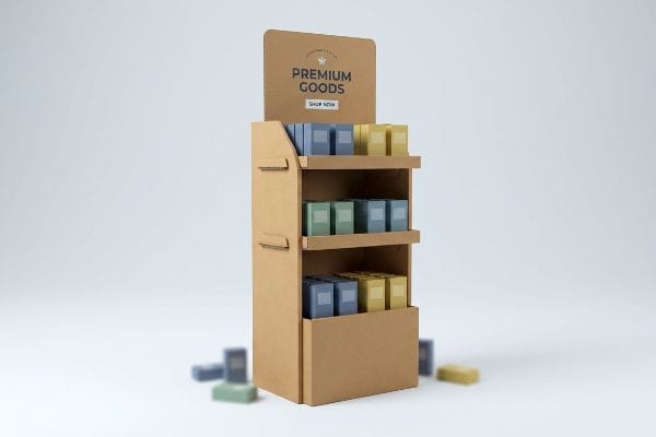A corrugated cardboard FSDU displays 'Premium Goods' and 'Shop Now', with three shelves holding blue, green, and yellow boxed products.
