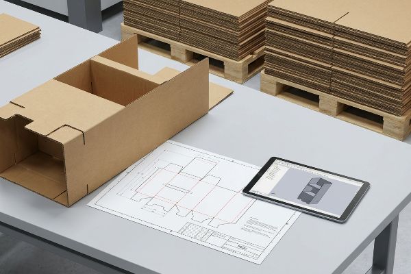 A custom FSDU design process with a corrugated prototype, die-line blueprint, and tablet showing a 3D CAD model.