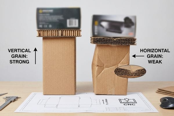 Corrugated cardboard boxes show grain direction: Vertical Grain Strong stands tall, Horizontal Grain Weak is crushed.