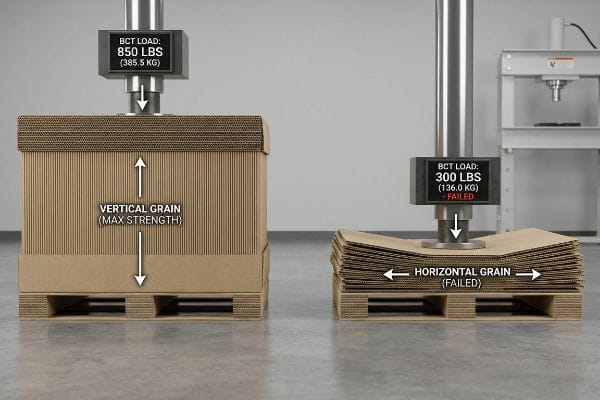 Corrugated cardboard box with Vertical Grain showing Max Strength at 850 Lbs (385.5 Kg) BCT load, beside Horizontal Grain failing at 300 Lbs (136.0 Kg) on hydraulic presses.