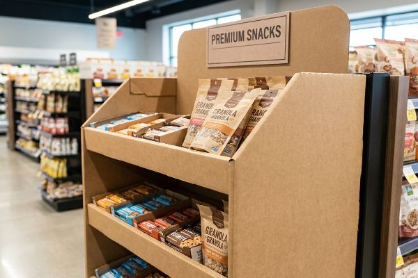 A retail food display made of corrugated cardboard showcases Premium Snacks, including granola bags and various snack bars, in a grocery store aisle.