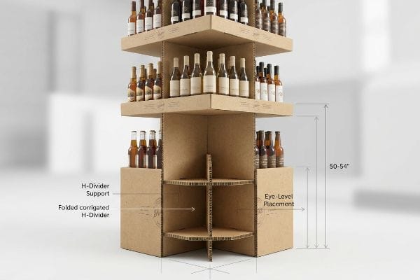 Corrugated cardboard multi-tiered display for beverage bottles, highlighting H-Divider Support, Folded Corrugated H-Divider, and Eye-Level Placement at 50-54 inches.