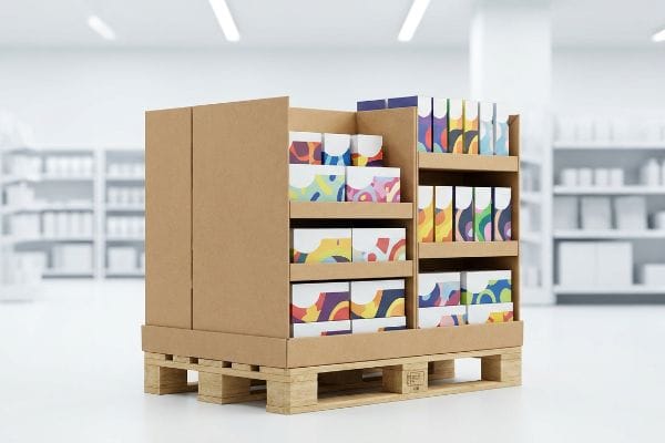 Corrugated cardboard half-pallet display showcasing colorful product boxes on a wooden shipping base in a retail aisle.