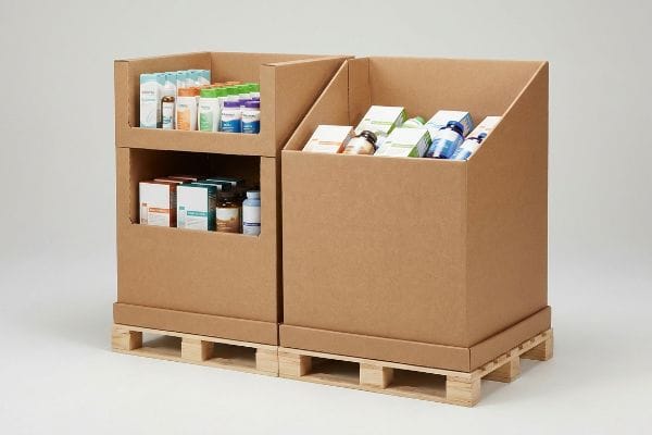 Two natural brown corrugated cardboard retail displays on wooden half-pallets, filled with health and beauty products.