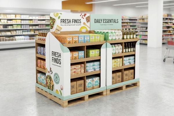 Expositor de palets fraccionados de cartón corrugado con los encabezados Fresh Finds y Daily Essentials, que muestra productos colocados sobre palets de madera en una tienda.
