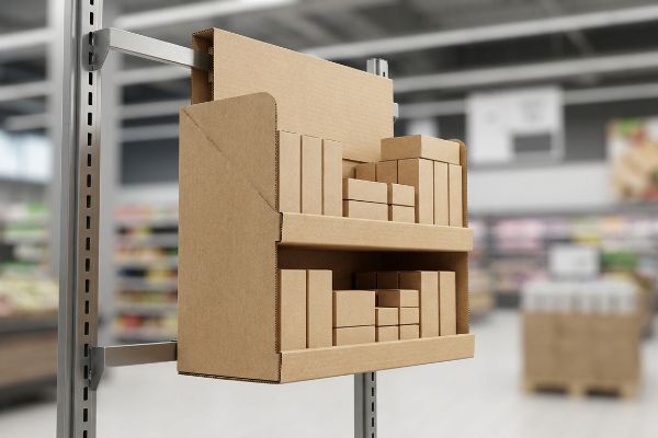 A corrugated power wing display, filled with plain brown boxes, hangs on a metal retail shelf in a blurred store aisle.