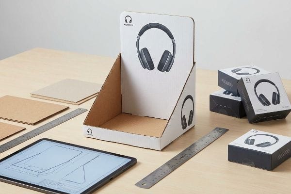 Designing a custom corrugated cardboard POP display for HEADPHONES, with product boxes, a tablet showing blueprints, and rulers on a wooden table.