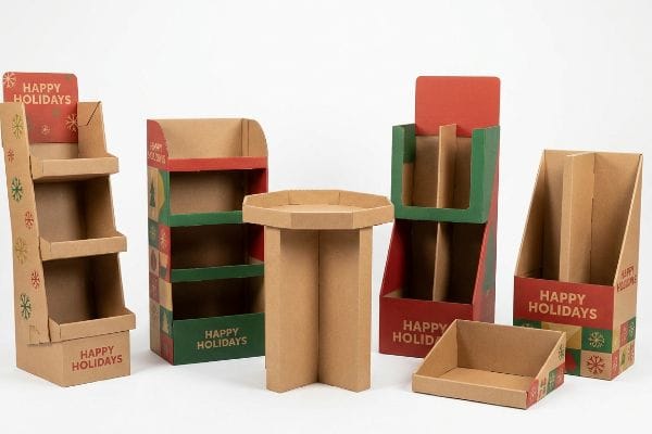 A collection of corrugated cardboard holiday retail displays, featuring
