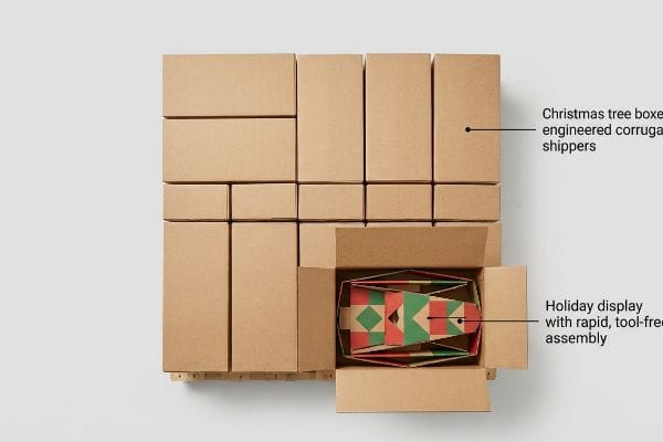 Brown corrugated Christmas tree boxes, one open revealing a red and green holiday display for rapid, tool-free assembly.