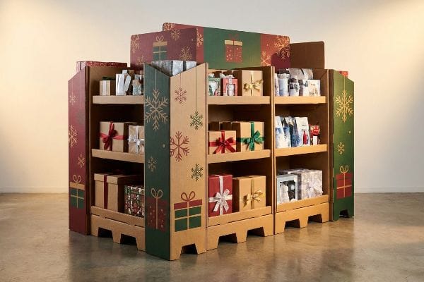 A festive corrugated cardboard seasonal display showcases holiday gifts and retail products, adorned with red, green, and gold snowflake and present graphics.