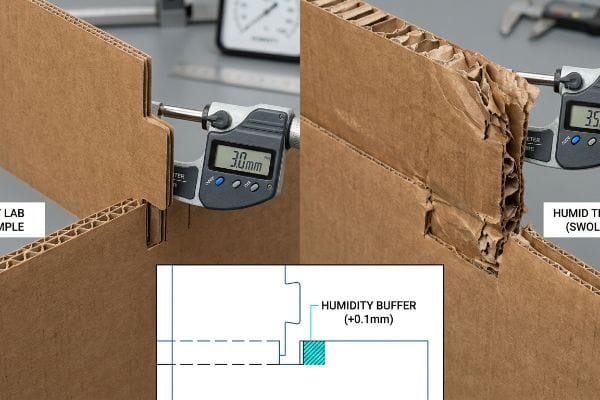 Corrugated board measured by digital micrometer: 3.0mm dry lab sample vs. 3.5mm swollen humid test, with a 0.1mm humidity buffer diagram.