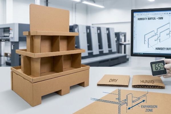 حامل عرض من الورق المقوى متعدد الطبقات بجانب شاشة تعرض "مخزن الرطوبة: +1 مم" CAD، ويد تحمل مقياس رطوبة نسبية بنسبة 65٪، وعينات مموجة "جافة" و"رطبة" توضح "منطقة التمدد".