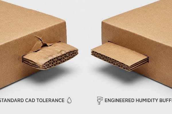 Brown corrugated cardboard shows a torn slot from Standard Cad Tolerance next to a smooth slot from Engineered Humidity Buffer, illustrating packaging fit differences.