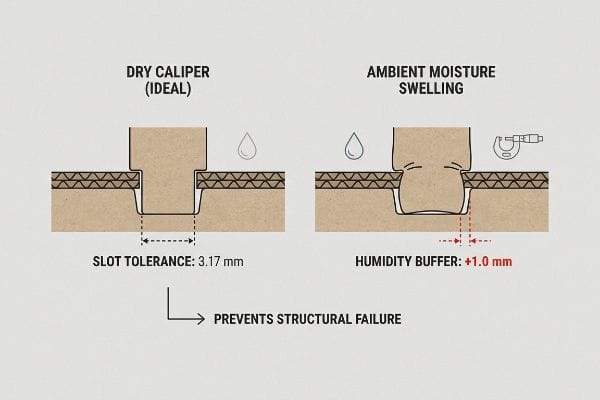 Corrugated cardboard cross-sections illustrate Dry Caliper (Ideal) with a 3.17 mm Slot Tolerance and Ambient Moisture Swelling, showing a +1.0 mm Humidity Buffer that Prevents Structural Failure.