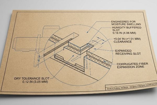 Kraft paper blueprint illustrating a Corrugated Fiber Expansion Zone with a Humidity Buffered Slot (0.16 In) and Dry Tolerance Slot (0.12 In) for Ocean Freight Adaptation.