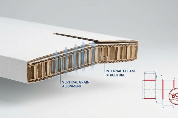 White folding carton cross-section showing corrugated Internal I-Beam Structure and Vertical Grain Alignment for compression resistance.