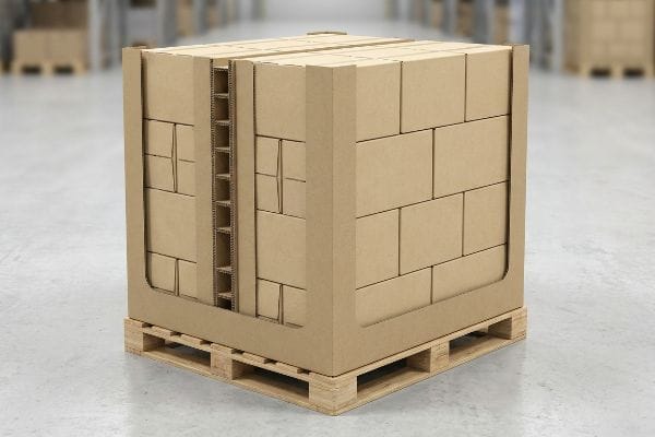 Brown corrugated cardboard pallet display featuring stacked boxes and a visible internal spine for heavy loads.