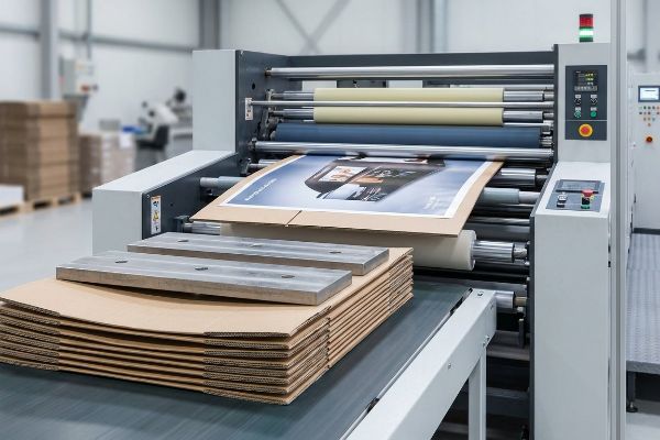 Corrugated cardboard sheets laminated with 'Bespoke Displays' print on industrial machine, heavy curing weights visible.