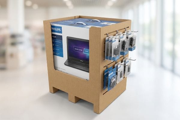 Corrugated cardboard cross merchandising display for Philips laptop and electronic accessories on peg hooks.