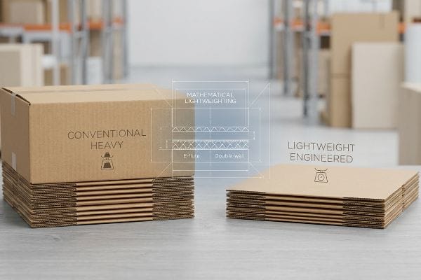 瓦楞纸包装堆叠:传统重型与轻型工程化,附数学轻量化图、E 型瓦楞和双层瓦楞。.
