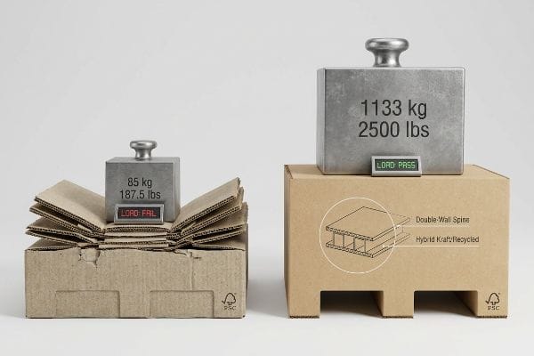 Comparaison des tests de charge de boîtes en carton ondulé : l'une échoue à 85 kg (187,5 lbs), l'autre réussit 1133 kg (2500 lbs) avec une structure à double paroi et une construction hybride Kraft/Recyclé.
