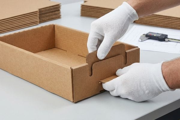 White-gloved hands assemble a brown corrugated cardboard PDQ display, inserting a locking tab into a precision-cut slot.