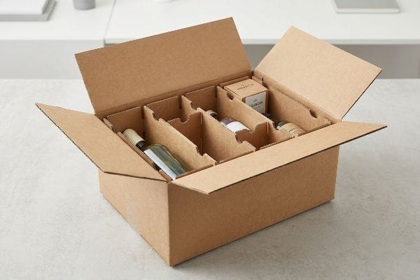 Brown corrugated cardboard box with modular dividers securely holding various bottles and a small product box, showcasing flexible packaging inserts.