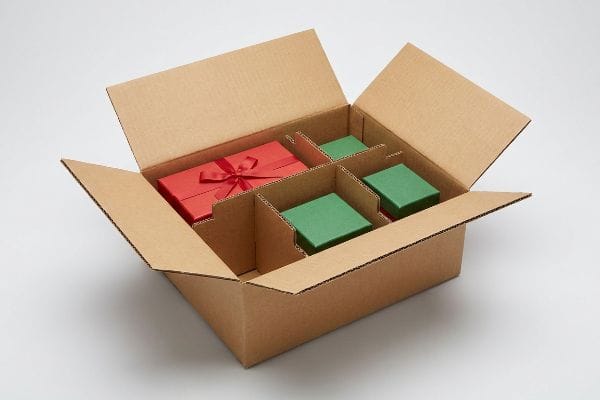 Corrugated cardboard box featuring modular dividers, neatly organizing one red gift box and three green gift boxes for seasonal merchandise.