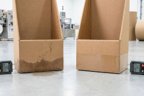 Brown corrugated display bases, one showing 4.2 Absorbed moisture, the other Repelled Dry, during a factory water resistance test.