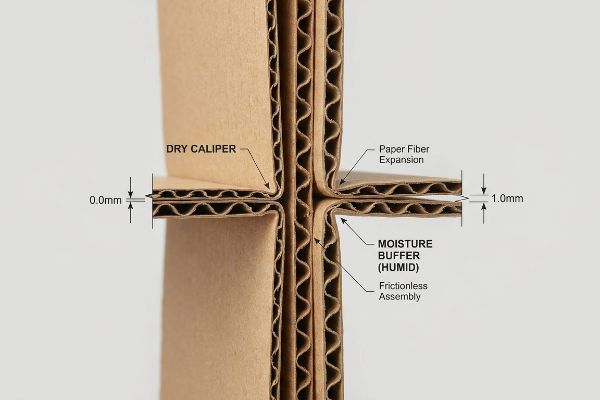 Corrugated cardboard cross-section shows Dry Caliper 0.0mm gap vs. Moisture Buffer (Humid) 1.0mm Paper Fiber Expansion.