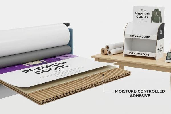 A Premium Goods printed sheet is litho-laminated onto a corrugated board, showcasing the moisture-controlled adhesive layer for display stability.