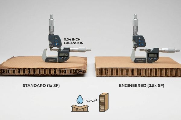 Digital micrometers measure 0.04 Inch Expansion in standard corrugated cardboard (1x SF) versus stable engineered (3.5x SF) board, demonstrating moisture fatigue.