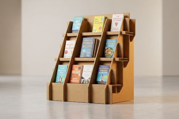 A multi-tiered corrugated cardboard book display stand holds various titles including 'Shemona Kitchen' and 'The Bridge'.