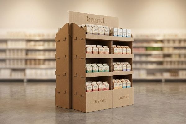 A retail store features a multi-tiered corrugated cardboard display unit showcasing 'brand.' products in small cartons.