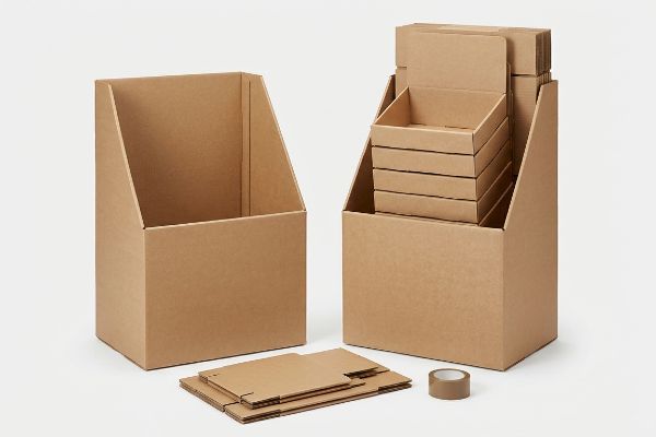 Brown corrugated display boxes, one empty, one with nested flat-pack units, and packing tape, for shipping optimization.