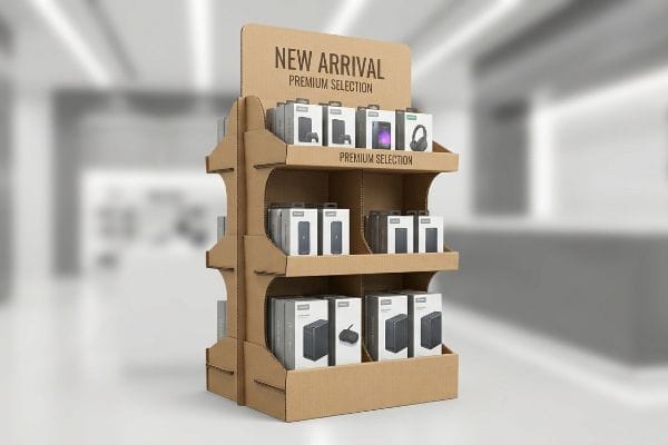 Una tienda minorista cuenta con un expositor de punto de venta de cartón corrugado marrón con tres estantes que muestran productos empaquetados de la "Selección Premium de Novedad".
