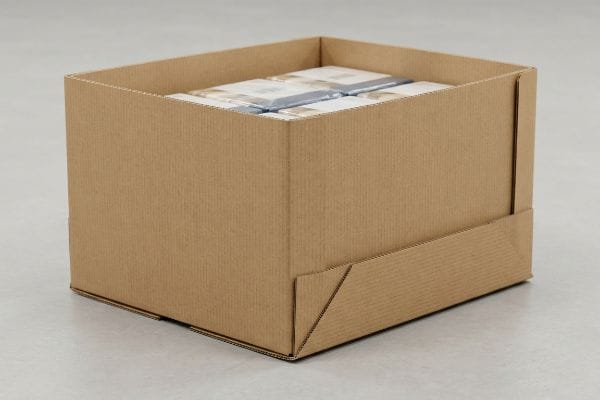 Brown corrugated cardboard open-top box, designed as a display-ready retail bin, filled with neatly stacked packaged products.