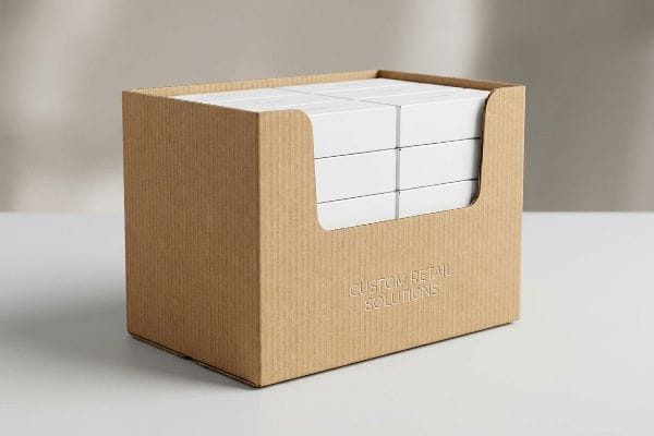 Brown corrugated open-top retail box displaying six white product boxes, featuring 'Custom Retail Solutions' embossed on the front.
